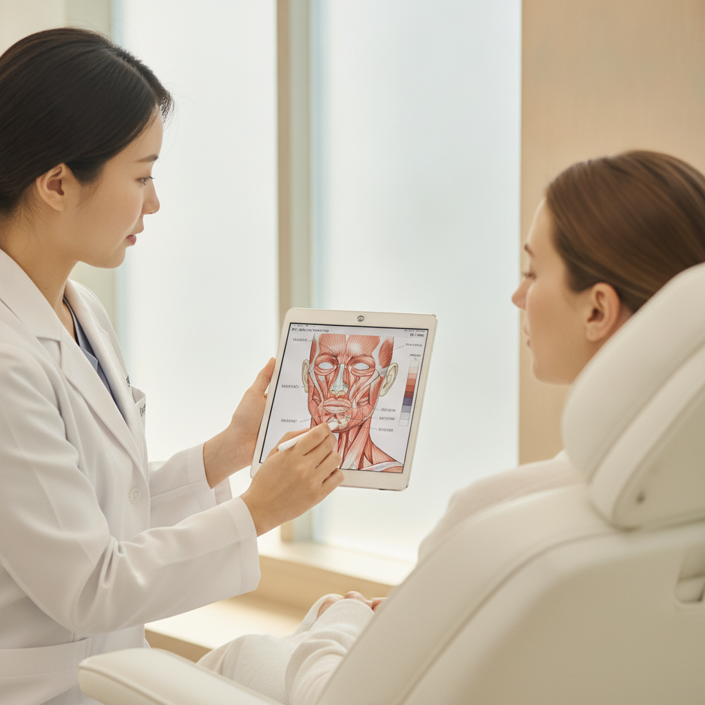 Consultation view of a Caucasian woman being shown a lower-face anatomy diagram by a Korean dermatologist in a Gangnam Seoul clinic