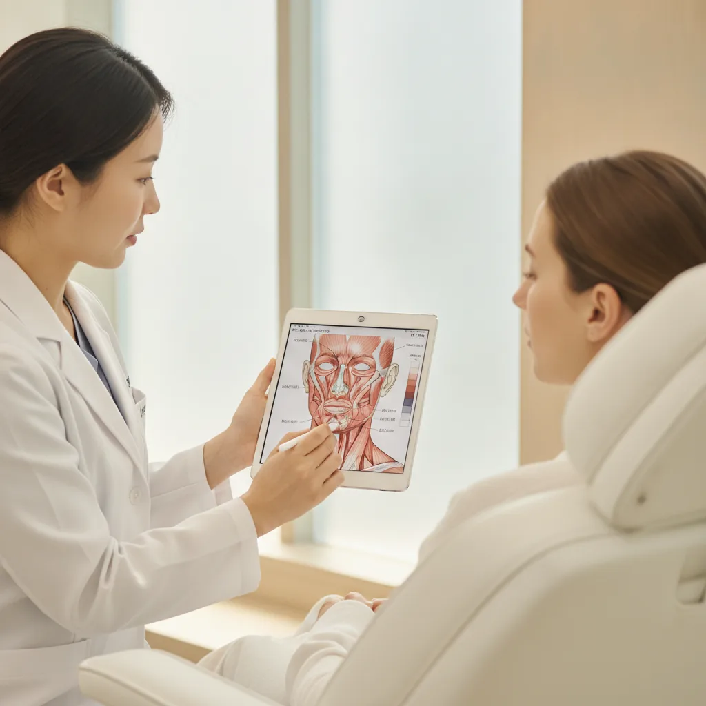 Consultation view of a Caucasian woman being shown a lower-face anatomy diagram by a Korean dermatologist in a Gangnam Seoul clinic