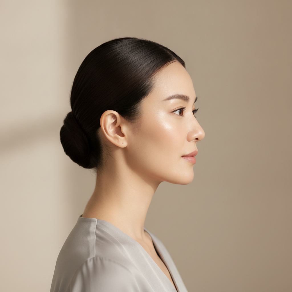 Close-up side profile of a Southeast-Asian woman showing a defined jawline
