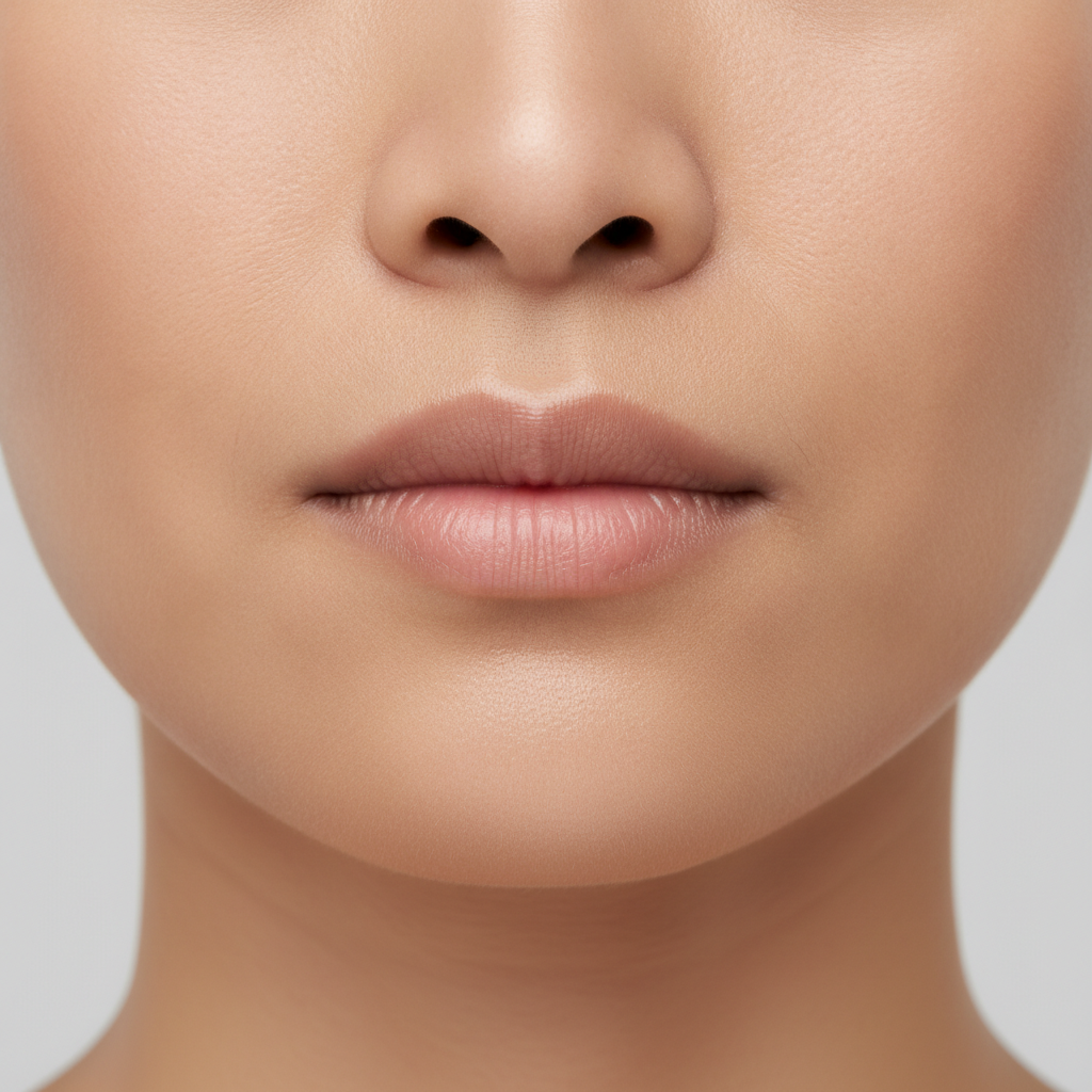 Close-up macro photograph of a Southeast Asian woman's bare chin showing the natural skin texture treated with mentalis Botox