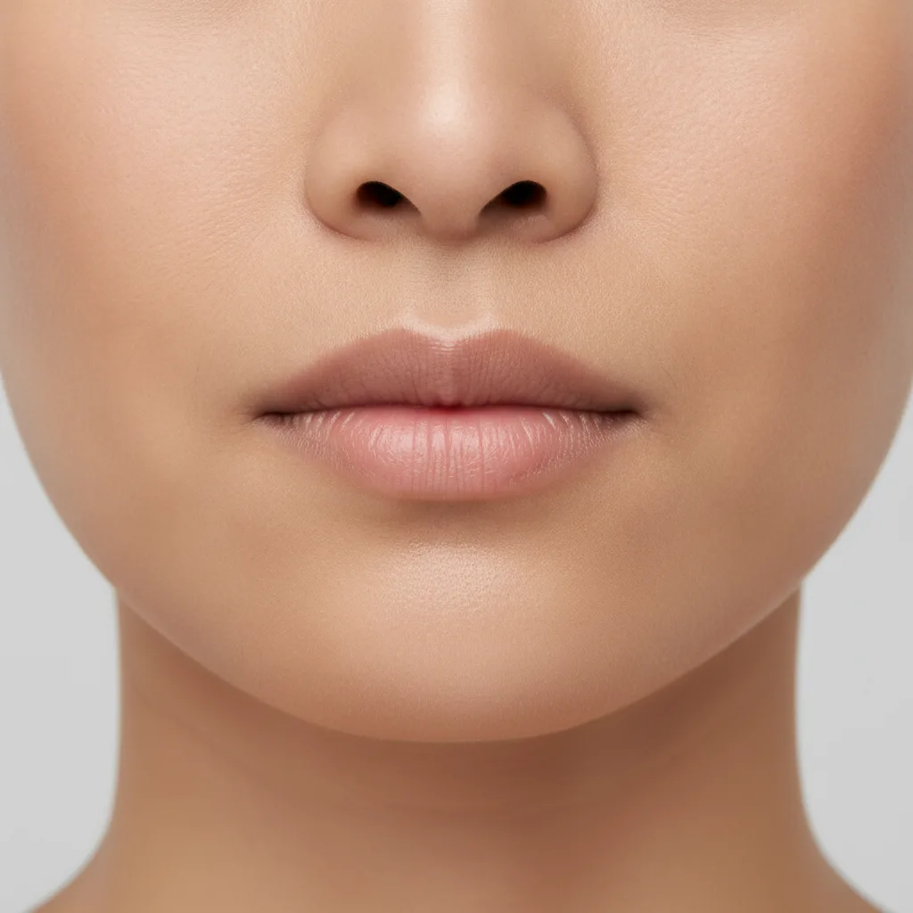 Close-up macro photograph of a Southeast Asian woman's bare chin showing the natural skin texture treated with mentalis Botox