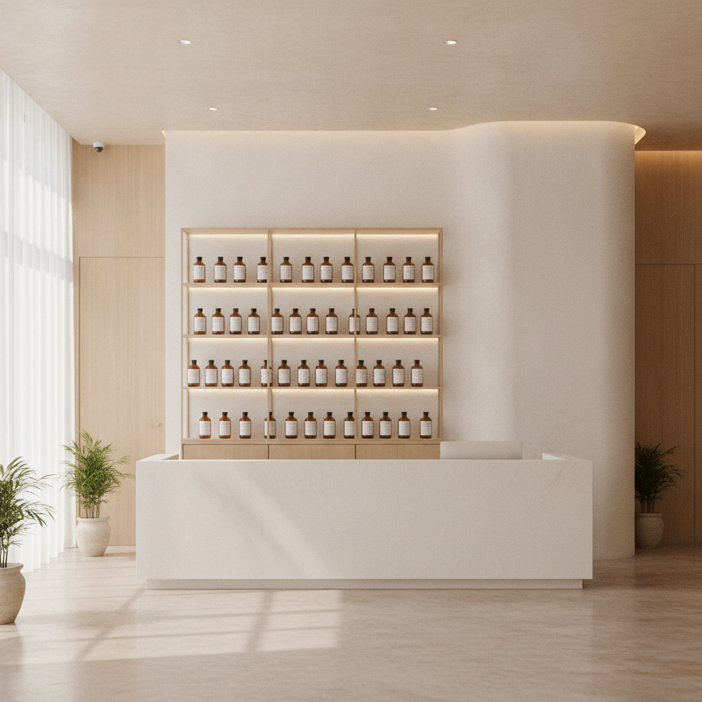 Modern Seoul dermatology clinic reception with a glass cabinet holding labeled amber bottles of clinical chemical peel solutions.