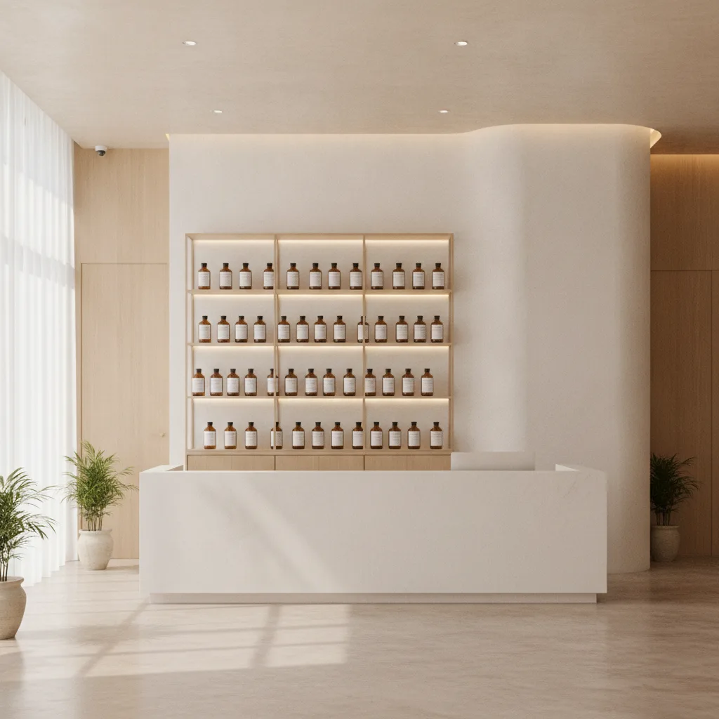 Modern Seoul dermatology clinic reception with a glass cabinet holding labeled amber bottles of clinical chemical peel solutions.