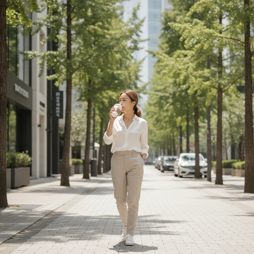 Woman walking a Cheongdam street in Seoul with clear glowing skin after a skin booster session