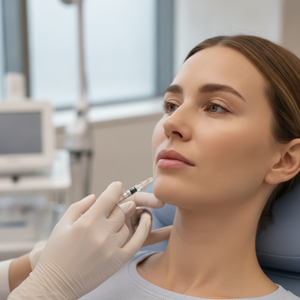 Close-up of a fine needle syringe delivering a fat-dissolving injection to a patient's chin during a Gangnam clinic session