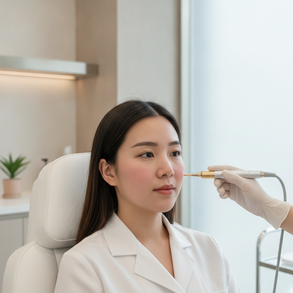Practitioner in white coat holding a gold-tipped RF microneedling handpiece near the cheek of a Thai woman with natural makeup in a bright Sinnonhyeon treatment room