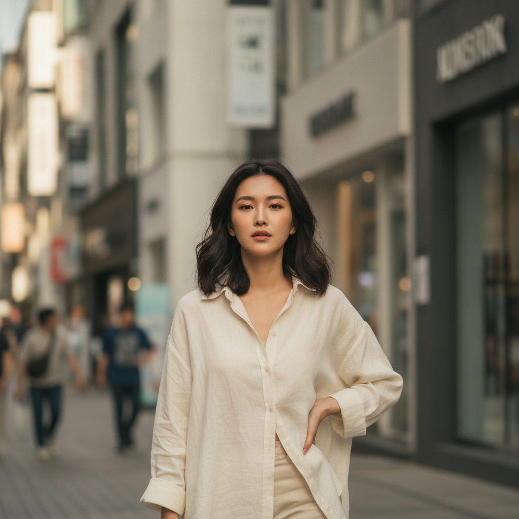Southeast Asian woman walking an Apgujeong street in soft afternoon light, loose linen shirt, calm expression
