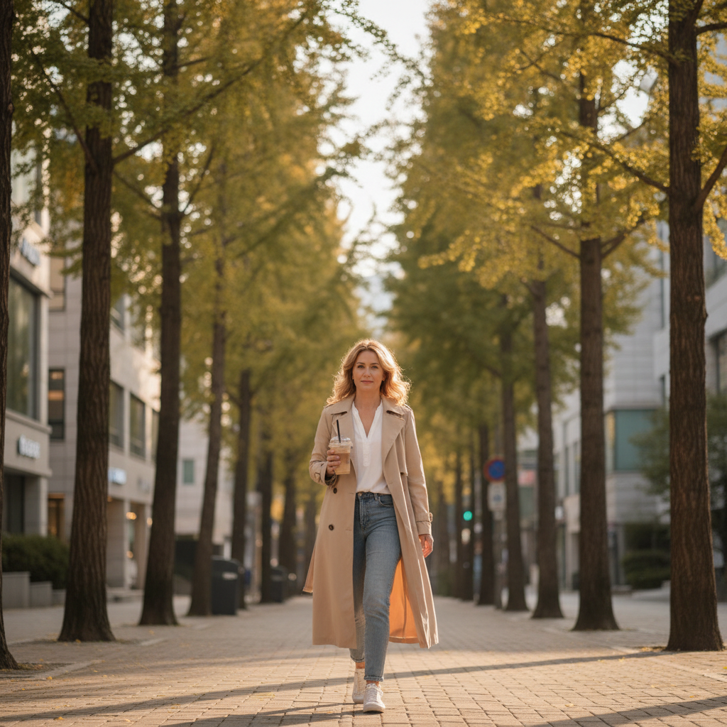 Woman walking in Apgujeong district of Seoul after a Botox appointment, natural relaxed expression