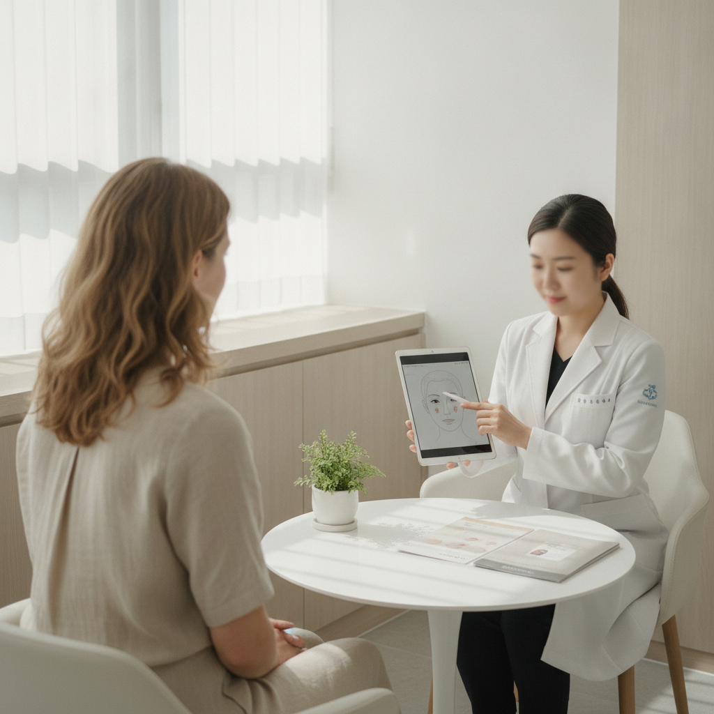 Consultation in a bright Gangnam clinic with doctor pointing at a facial diagram on a tablet