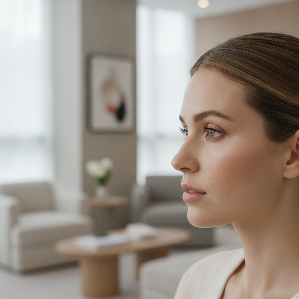 Profile portrait of a Caucasian woman assessing her jawline in a Gangnam clinic waiting area
