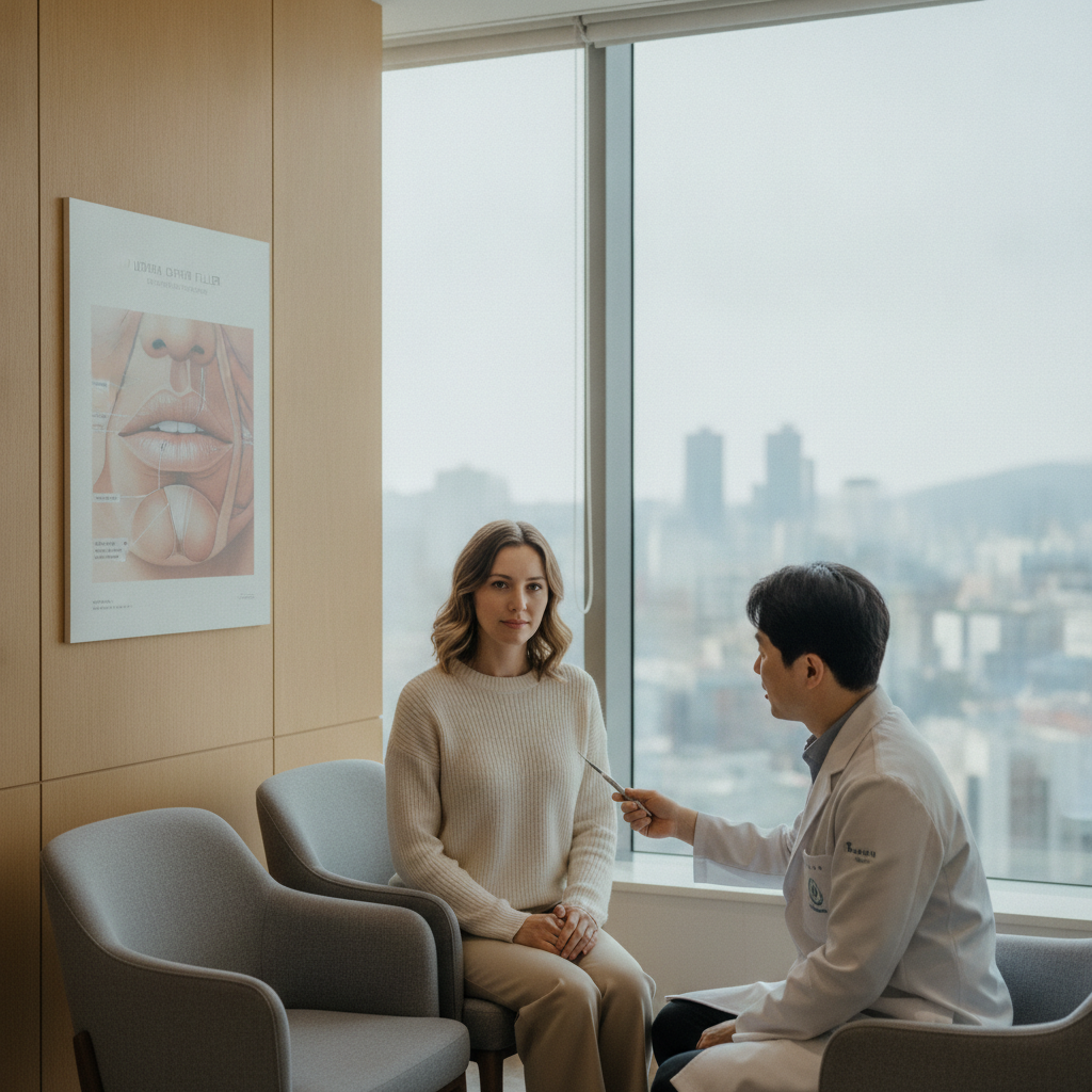 Consultation for lip flip botox at a modern Seoul aesthetic clinic in Gangnam