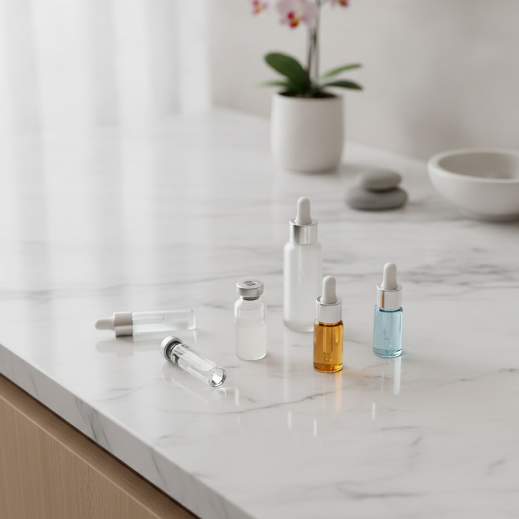 Three unbranded injectable vials on a marble countertop representing Seoul skin booster brands