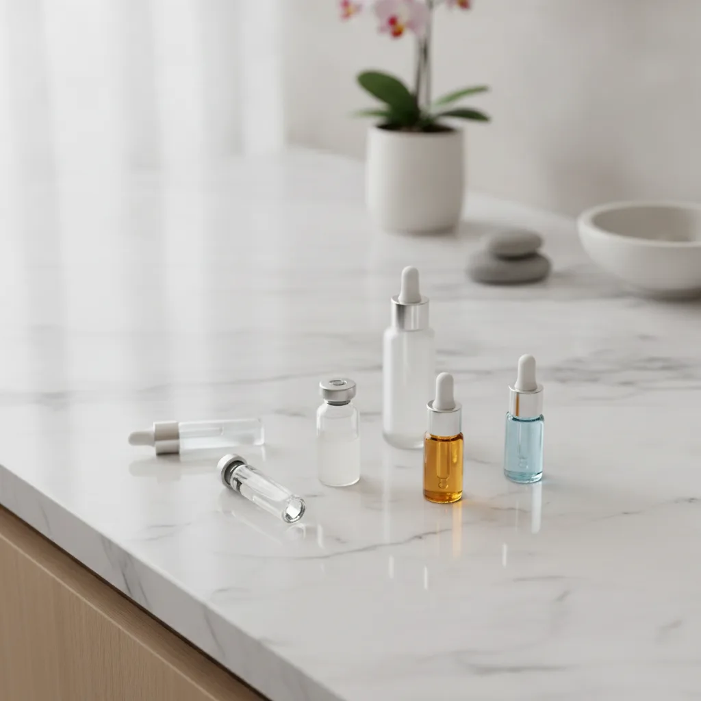 Three unbranded injectable vials on a marble countertop representing Seoul skin booster brands