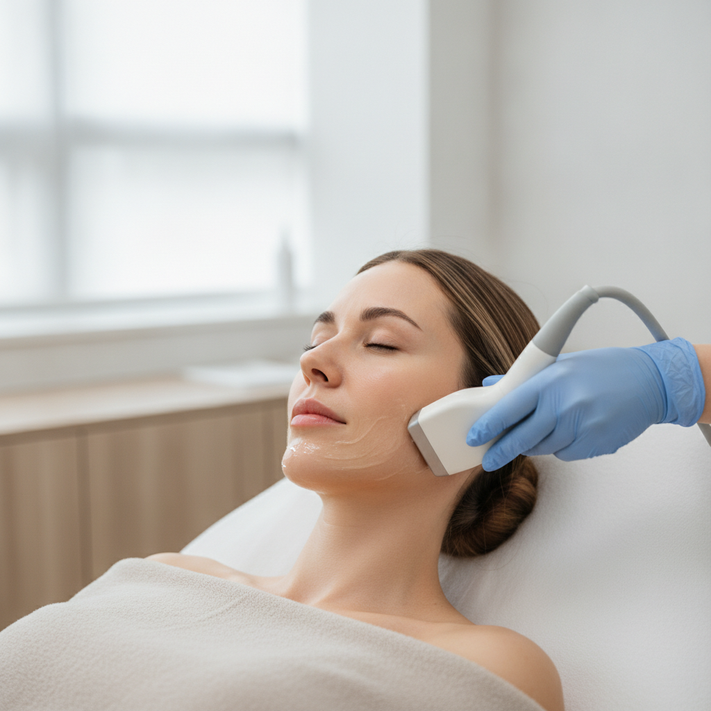 Close-up of a gloved practitioner guiding a HIFU ultrasound handpiece along a Caucasian woman's jawline with ultrasound gel visible on her skin in a Gangnam treatment room