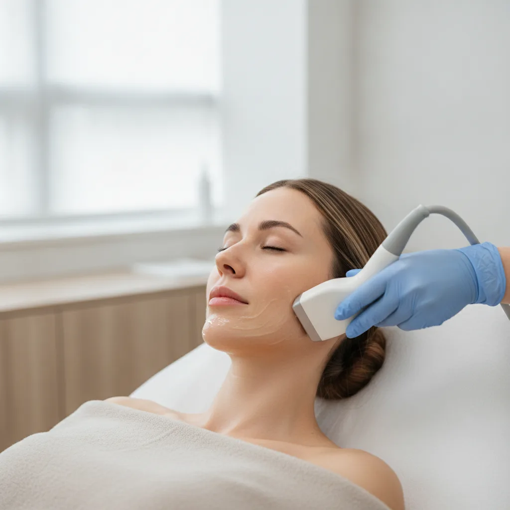 Close-up of a gloved practitioner guiding a HIFU ultrasound handpiece along a Caucasian woman's jawline with ultrasound gel visible on her skin in a Gangnam treatment room