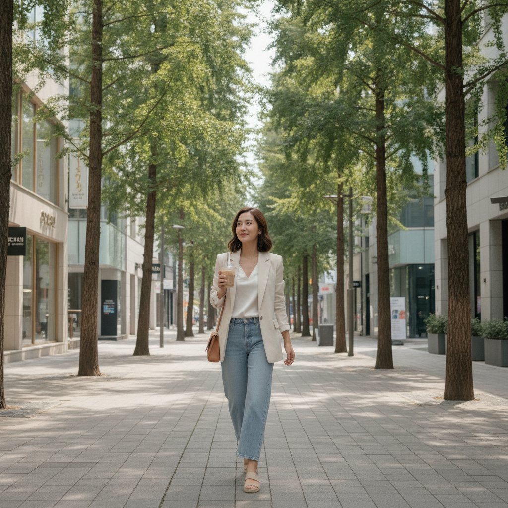 A Thai woman in her late twenties walking a Cheongdam street on a bright morning, holding an iced coffee, relaxed jaw, calm smile