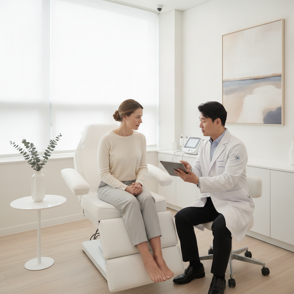 Consultation for skin boosters at a Gangnam aesthetic clinic in Seoul, doctor showing treatment options on a tablet