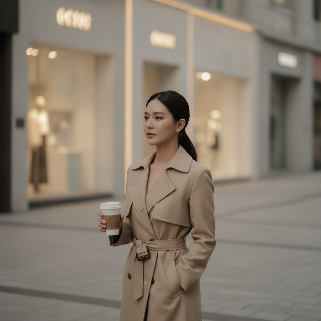 Thai woman in her late twenties walking down a clean Apgujeong street in Seoul at golden hour holding a takeaway coffee, wearing a fitted beige coat.