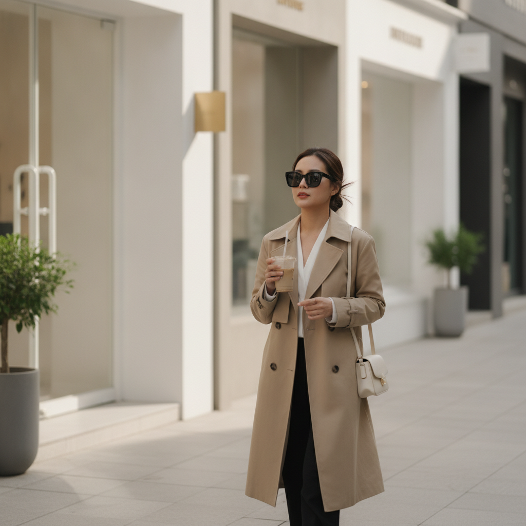 Thai woman walking down an Apgujeong side street in Seoul with iced coffee
