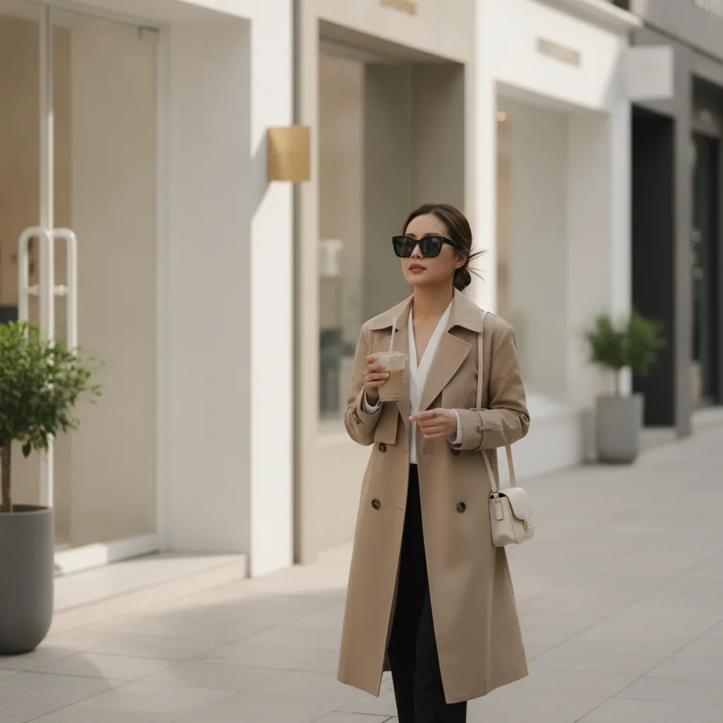 Thai woman walking down an Apgujeong side street in Seoul with iced coffee