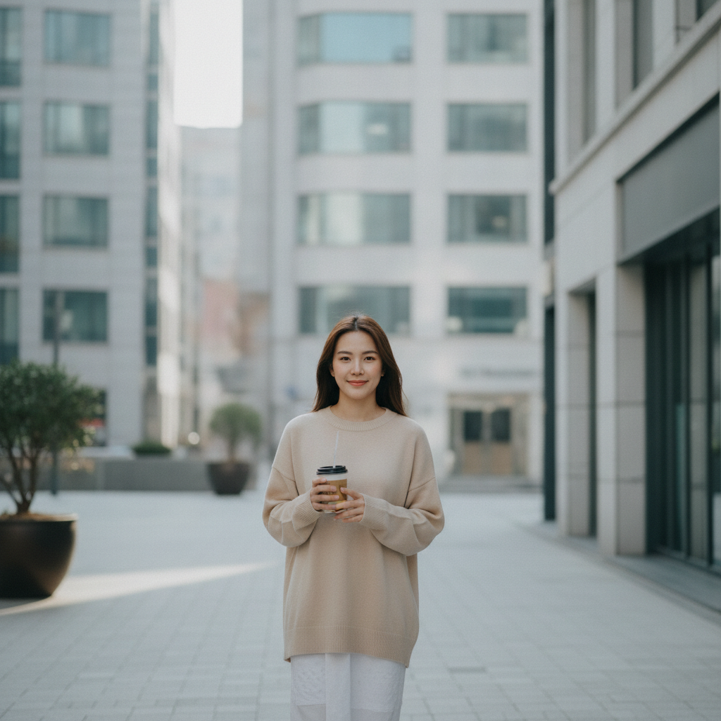 지방흡입 회복 중 압박복을 착용하고 압구정 서울 거리를 걷는 여성
