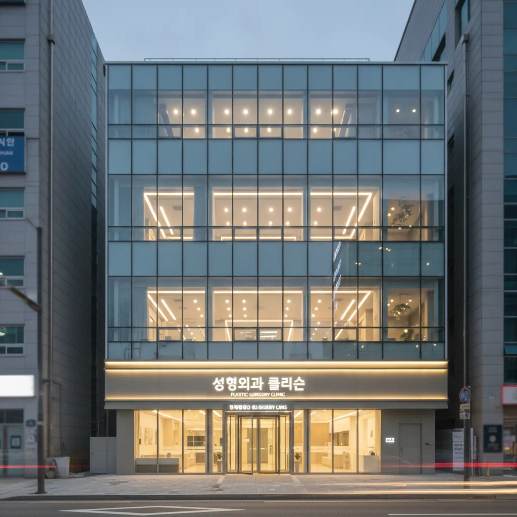 Modern plastic surgery clinic exterior in Gangnam Seoul at dusk