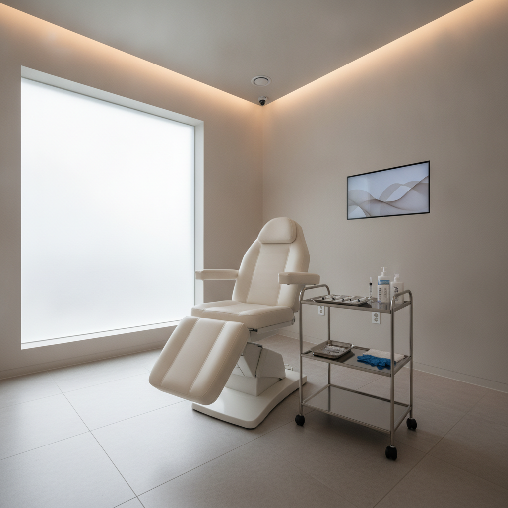 Minimalist Gangnam aesthetic clinic treatment room prepared for a trap botox injection session