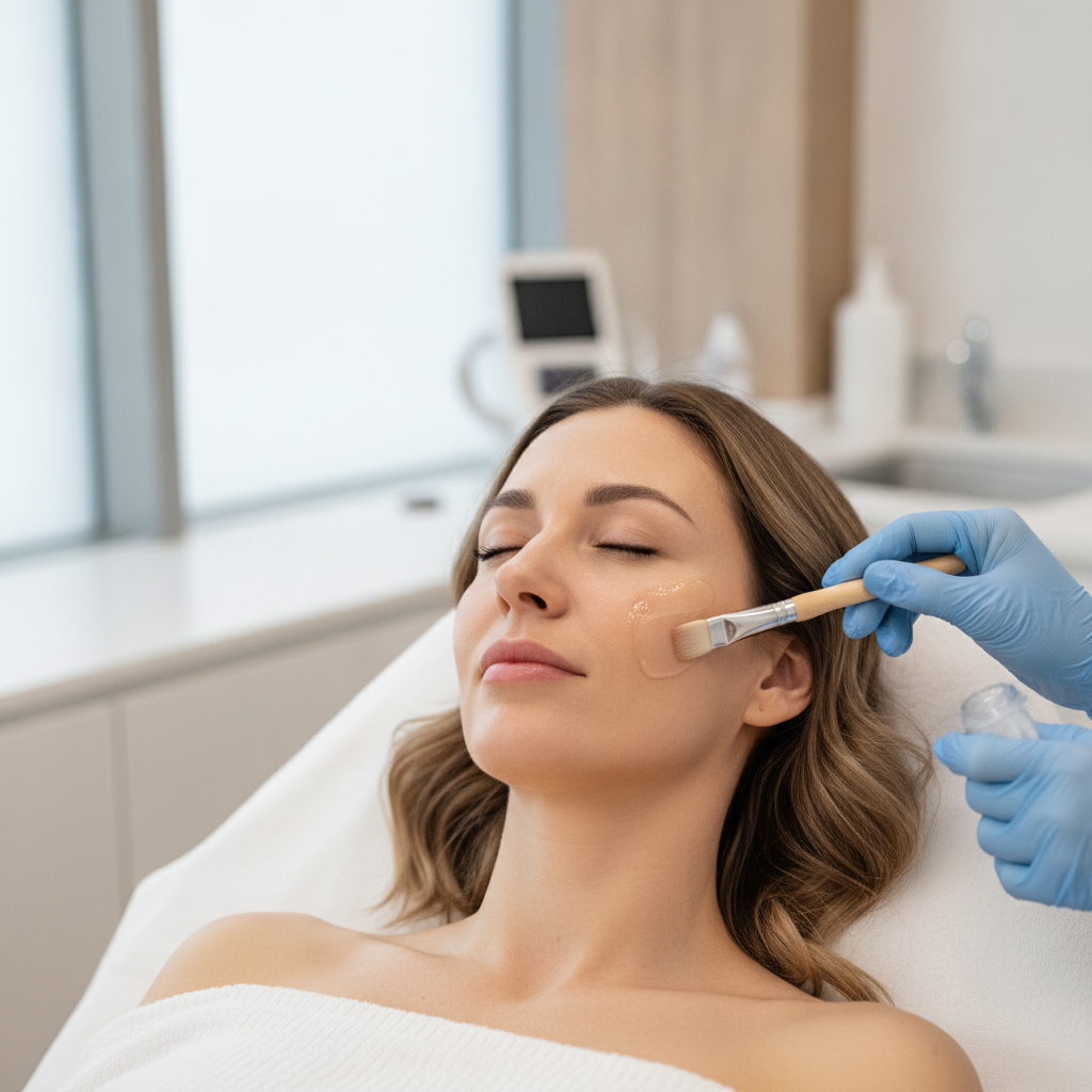 Dermatologist applying a clear chemical peel solution to a patient's cheek with a small brush in a Gangnam clinic treatment room.