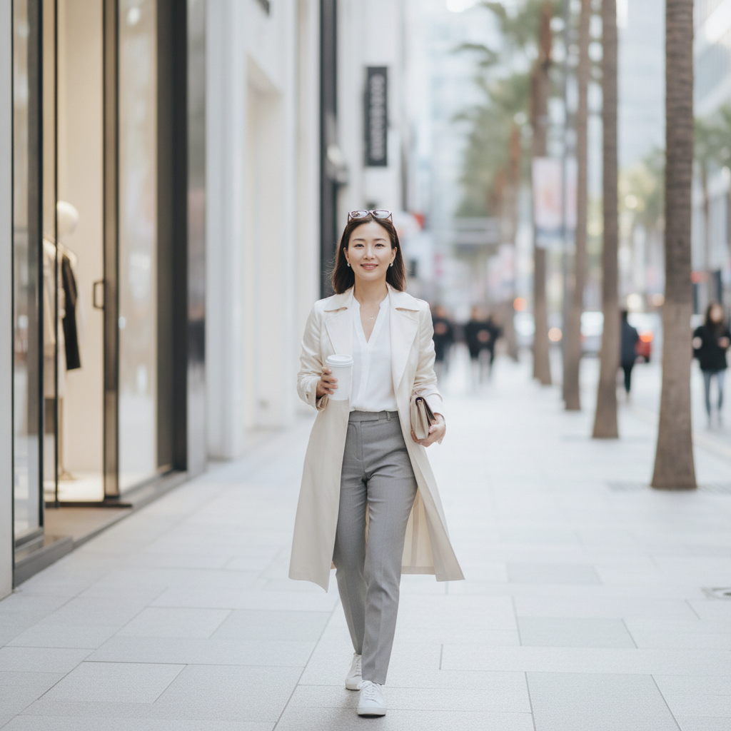 Mixed Asian-European woman walking down an Apgujeong Seoul street in daylight after an aesthetic clinic appointment