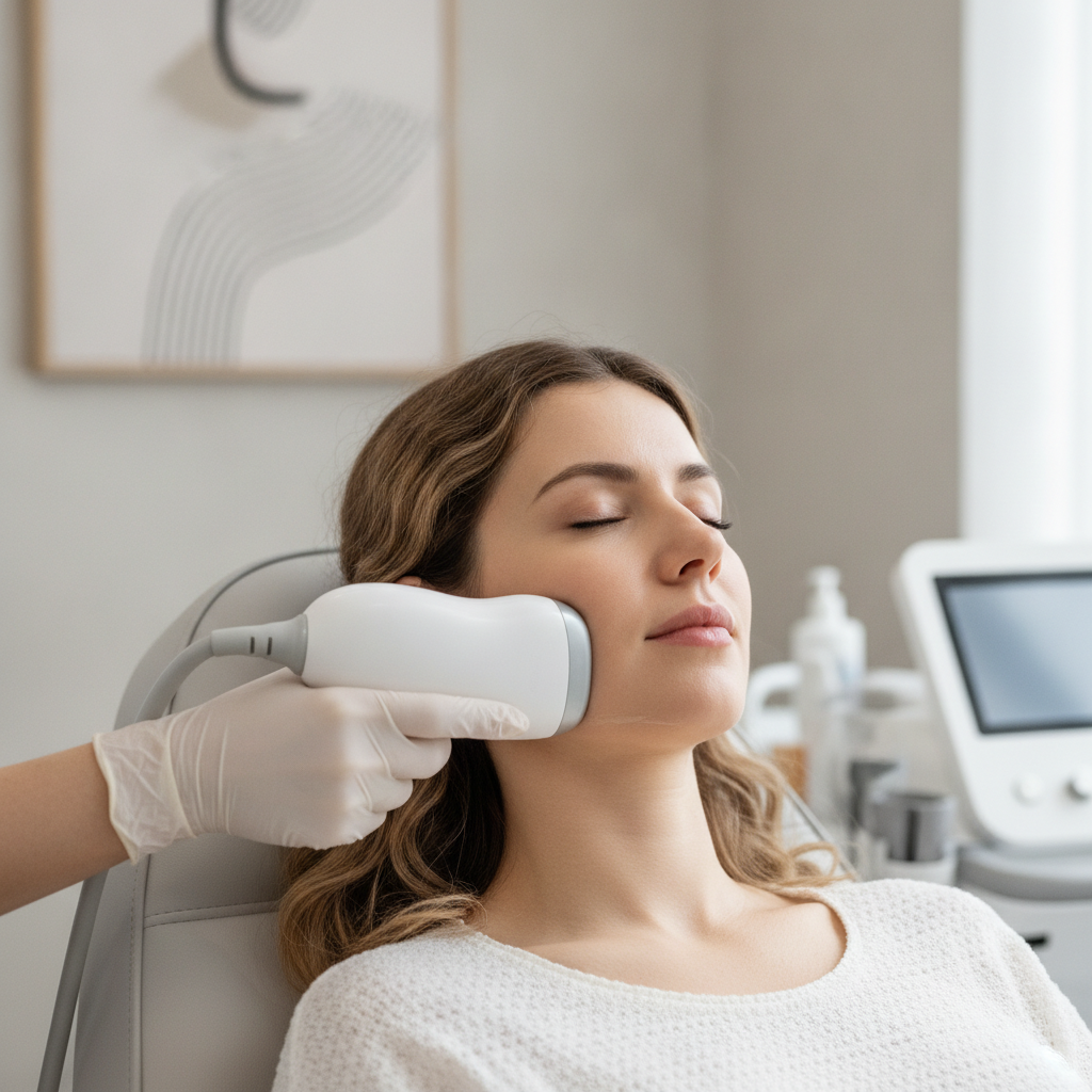 Close-up of a Caucasian woman receiving an Ultherapy transducer treatment along her jawline in a Seoul clinic.