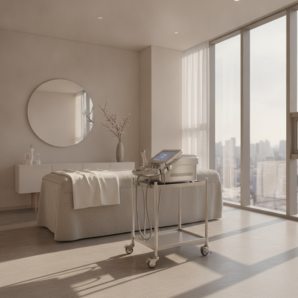 Modern aesthetic clinic treatment room in Gangnam Seoul with an ultrasound skin-tightening device on a stainless cart.