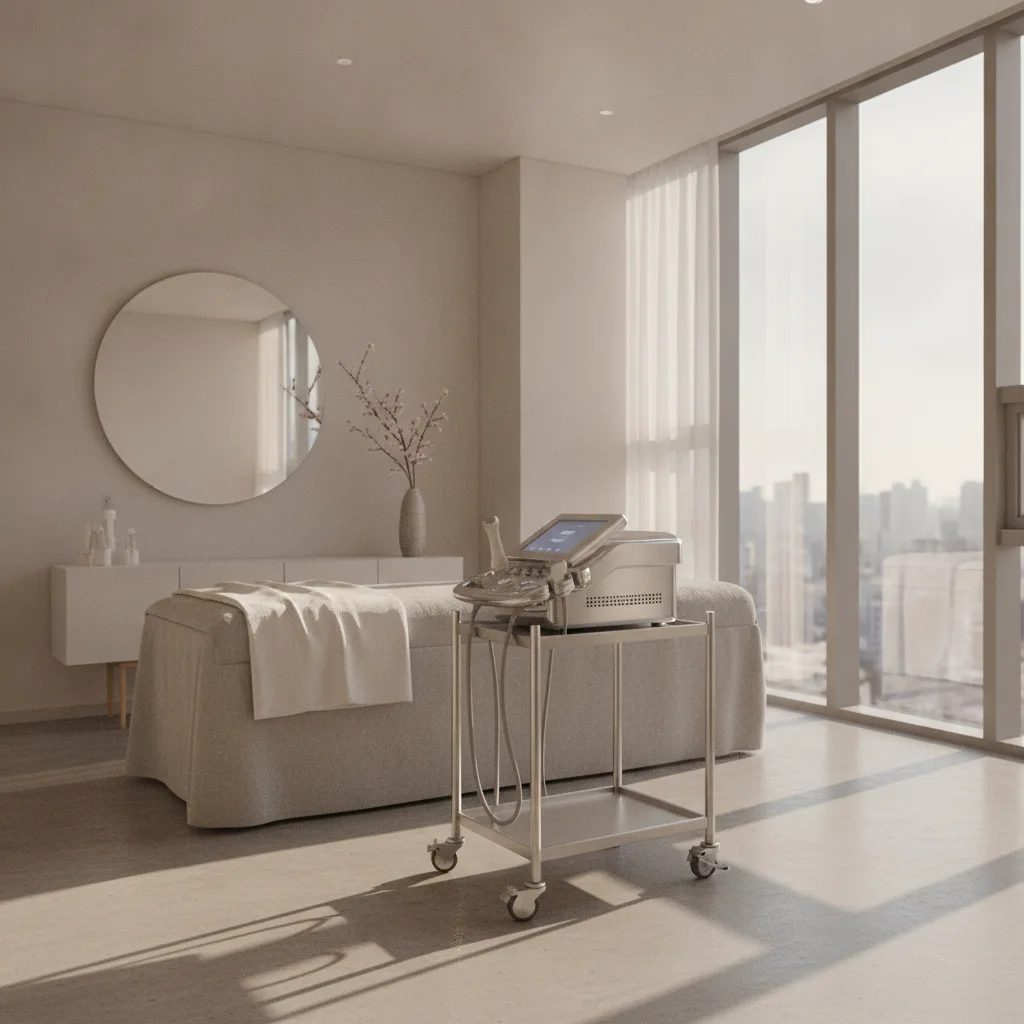 Modern aesthetic clinic treatment room in Gangnam Seoul with an ultrasound skin-tightening device on a stainless cart.