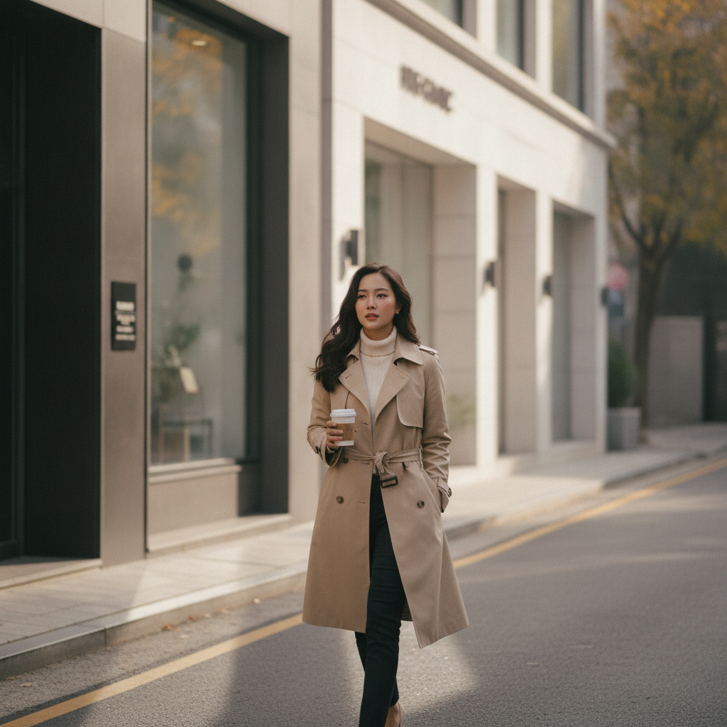 Thai woman walking down a quiet Apgujeong side street in Seoul after aesthetic treatment