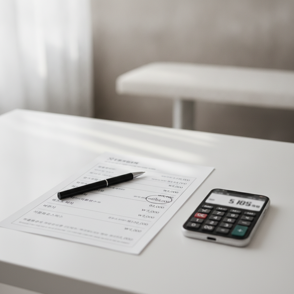Printed Korean clinic price menu on a desk with a pen circling a single line item