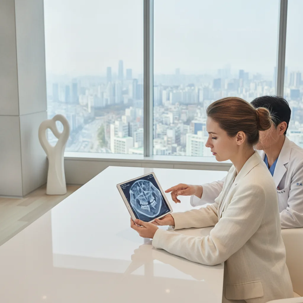 First-time two-jaw surgery patient reviewing CT scan with surgeon in a Seoul consultation room