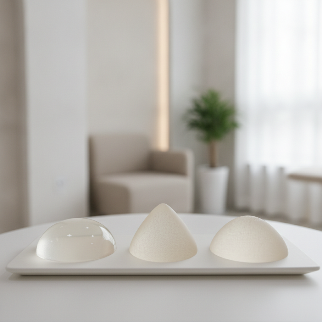Three unlabelled breast implant shells arranged on a matte white clinic tray in a Gangnam consultation room