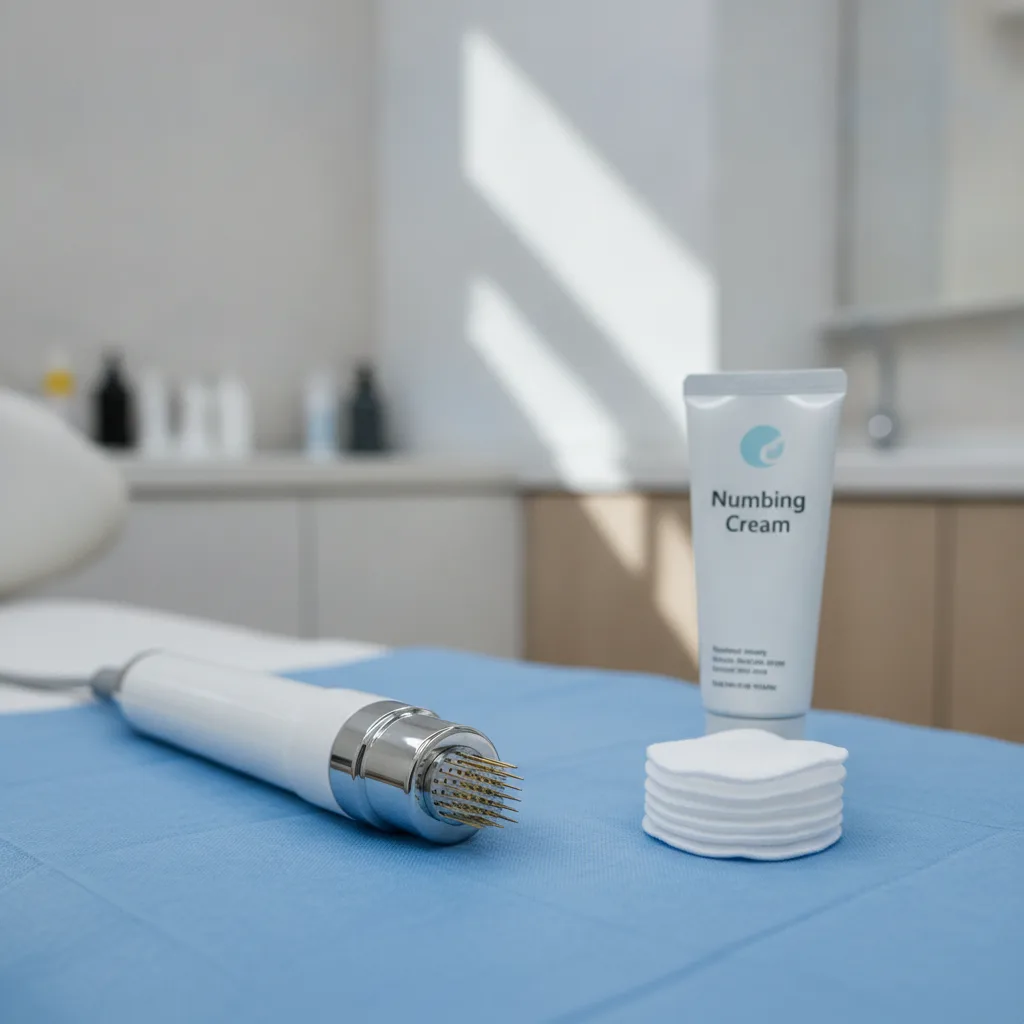 RF microneedling handpiece on a sterile blue drape beside a numbing cream tube and cotton pads in a Gangnam clinic treatment room
