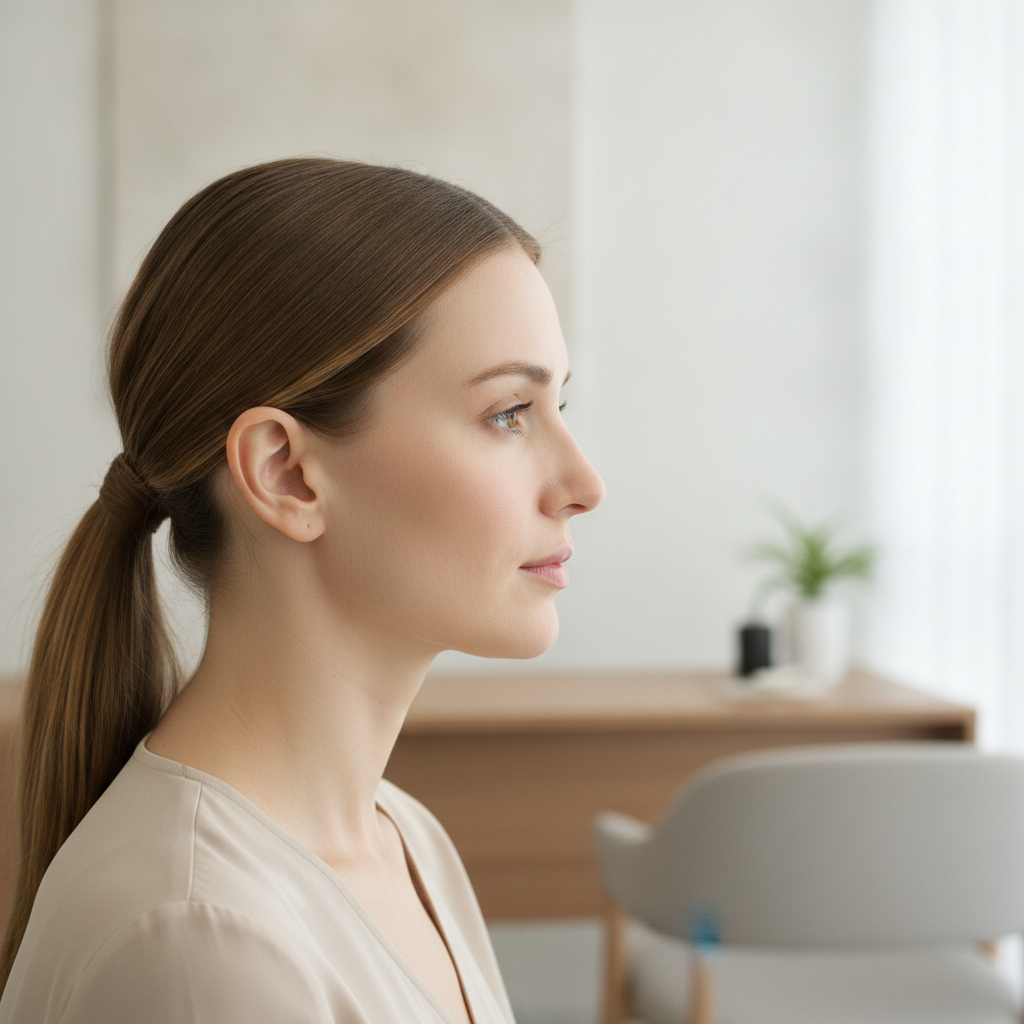 Consultation profile portrait of a Western woman with her jawline and chin lit in a Seoul clinic consultation room