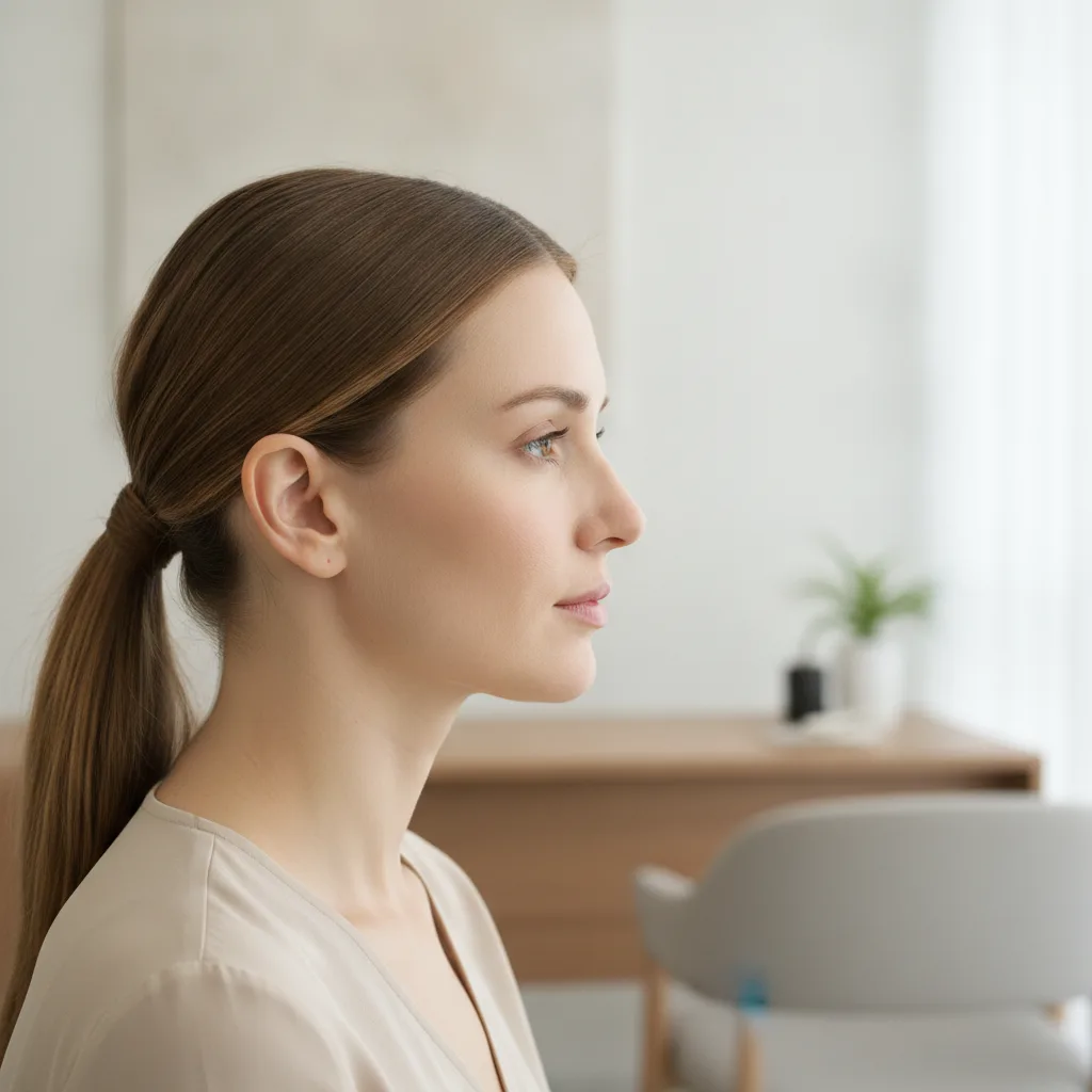 Consultation profile portrait of a Western woman with her jawline and chin lit in a Seoul clinic consultation room