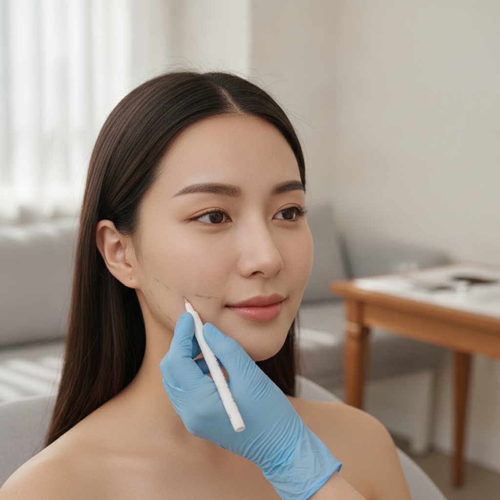 Close-up of a patient's lower jaw and cheek being marked by a practitioner for precise Rejuran injection placement in a Seoul aesthetic clinic
