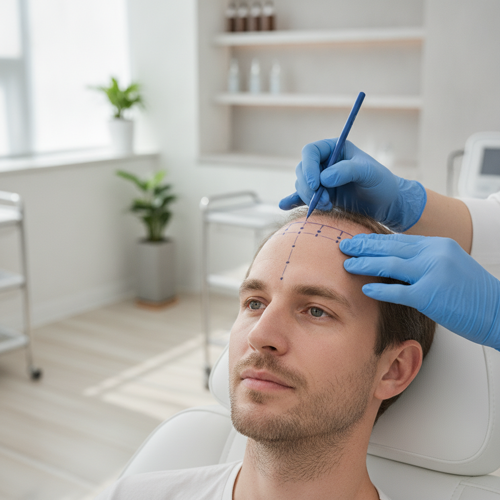 Caucasian man in early thirties having his hairline marked with a surgical pen by a gloved surgeon in a Seoul aesthetic clinic