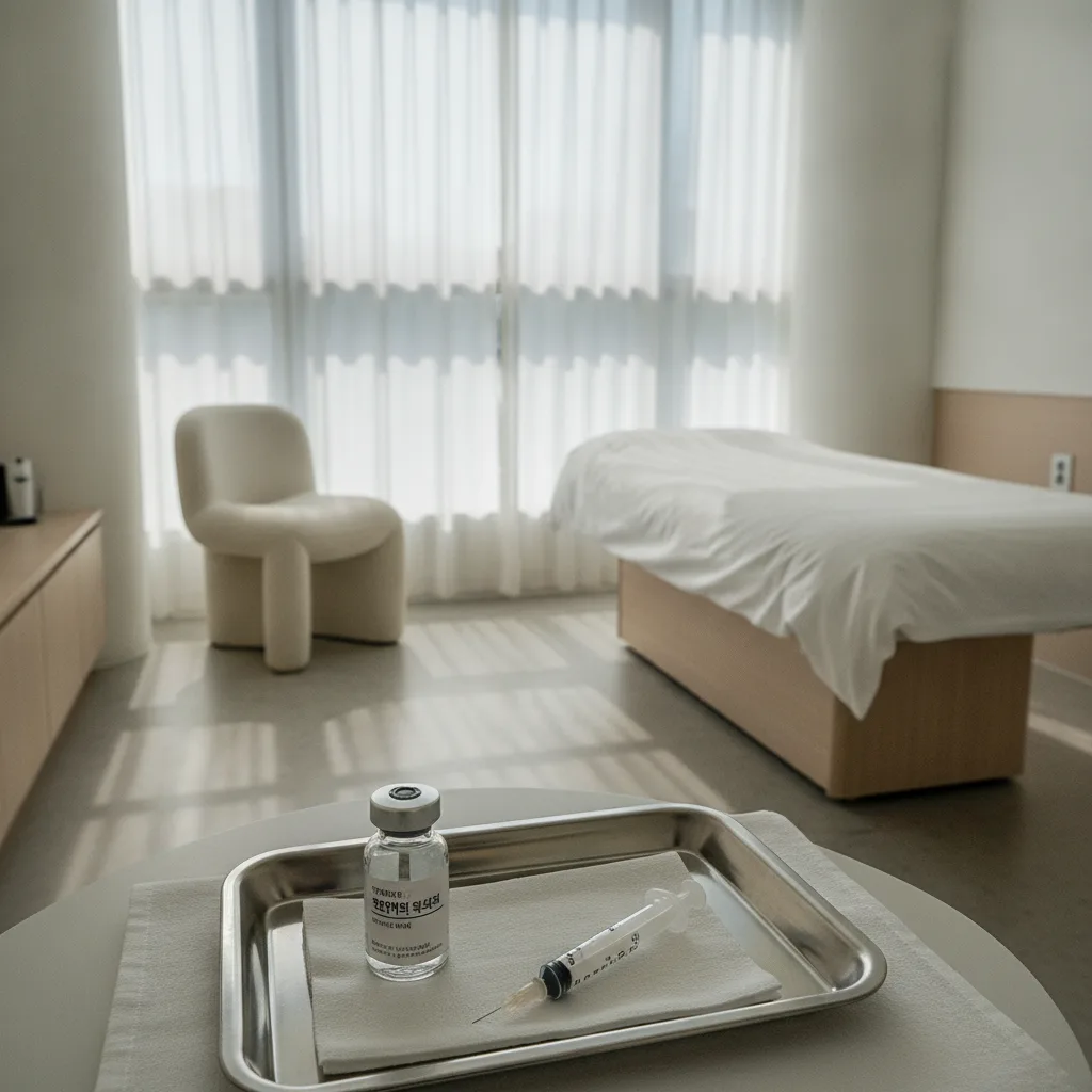 Vial of Korean botulinum toxin and syringe on a stainless tray in a minimalist Seoul aesthetic clinic treatment room