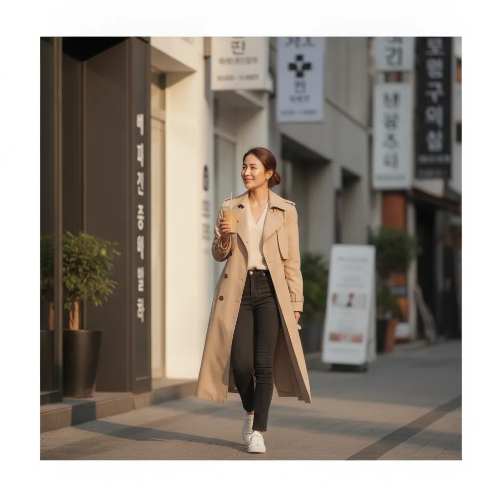 Foreign patient walking a Sinnonhyeon clinic district street in Seoul in late afternoon light