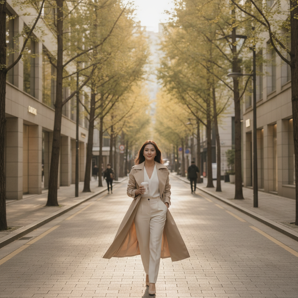 Thai woman walking a tree-lined Cheongdam street in Seoul on a calm afternoon, holding a small coffee cup
