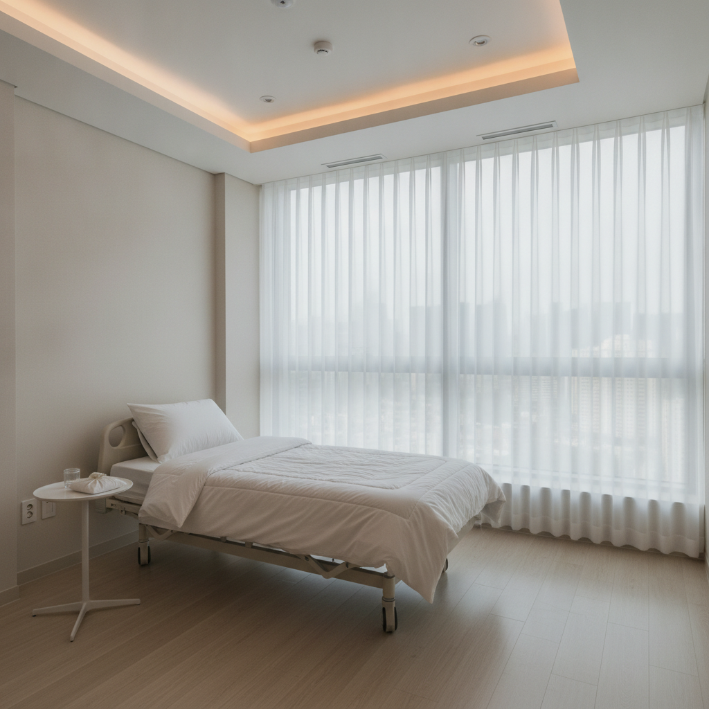 Quiet recovery room in a Seoul plastic surgery clinic with a single bed, cold compress on the side table, and afternoon light through sheer curtains