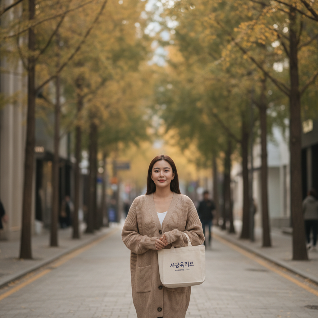 A Southeast Asian woman walking calmly on a quiet Cheongdam street after a post-op check, wearing a loose cardigan.