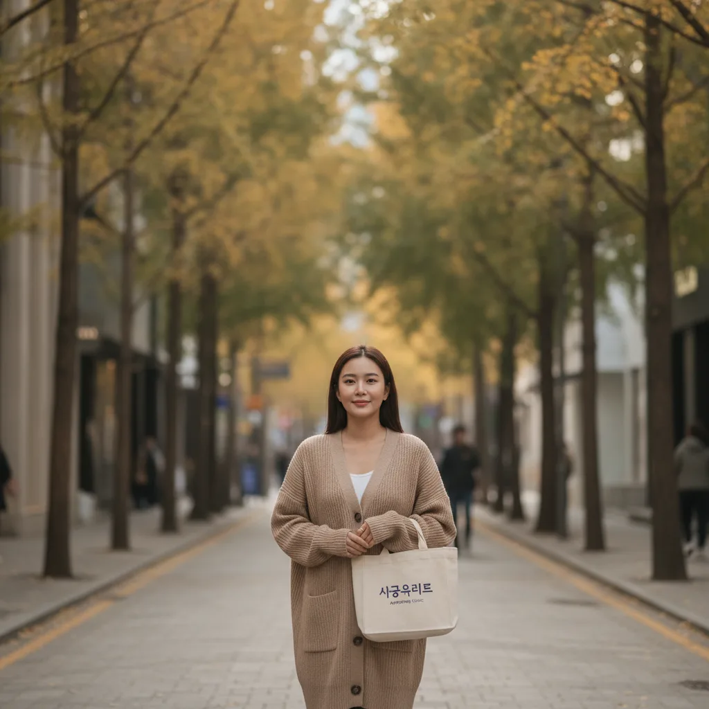 A Southeast Asian woman walking calmly on a quiet Cheongdam street after a post-op check, wearing a loose cardigan.