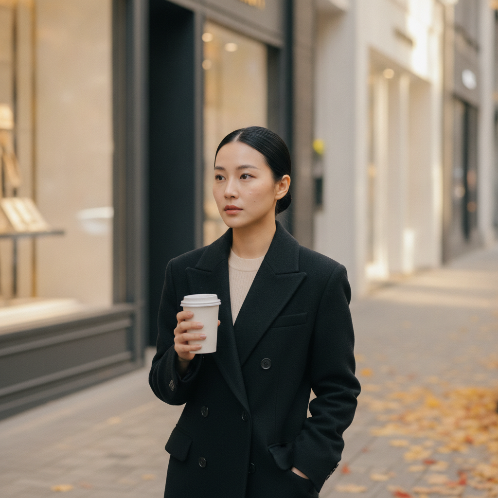 A Thai woman walks a Cheongdam-dong street post-treatment holding a coffee, faint pinprick marks fading