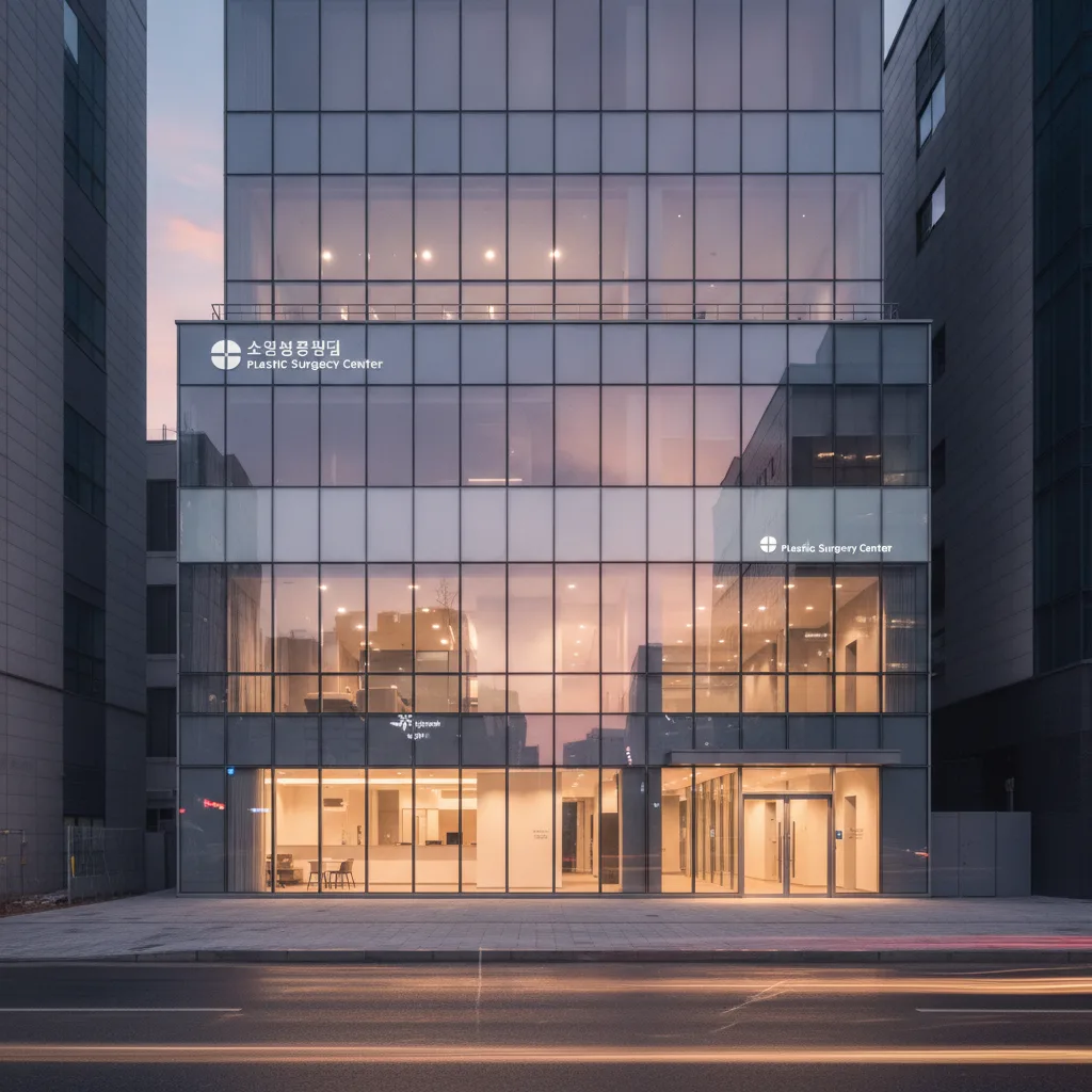 Modern Seoul plastic surgery hospital exterior at dusk in the Gangnam medical district