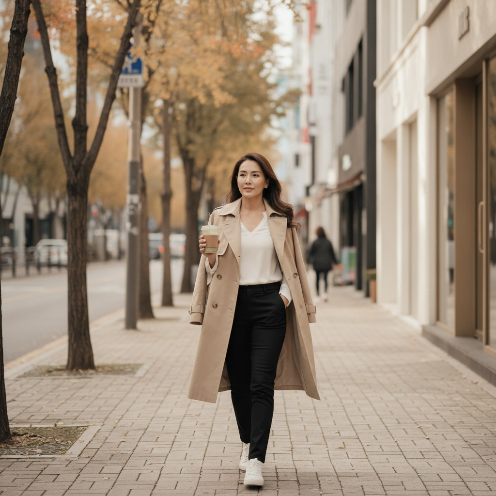 A Thai woman in a beige trench coat walks along Apgujeong Rodeo Street after a thread-lift procedure with a subtle strip near her ear